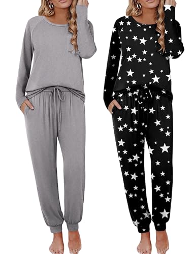 Image of Ekouaer 2 Pack Womens Pajama Sets Long Sleeve Pjs Soft Comfy Lounge Set