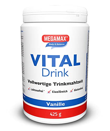 MEGAMAX® Vital Drink Vanille – Proteinreiche Mahlzeit mit Glucomannan & Ballaststoffen – Sättigungs-Drink zur Gewichtskontrolle – GLP-1-freundlich – 425 g Pulver