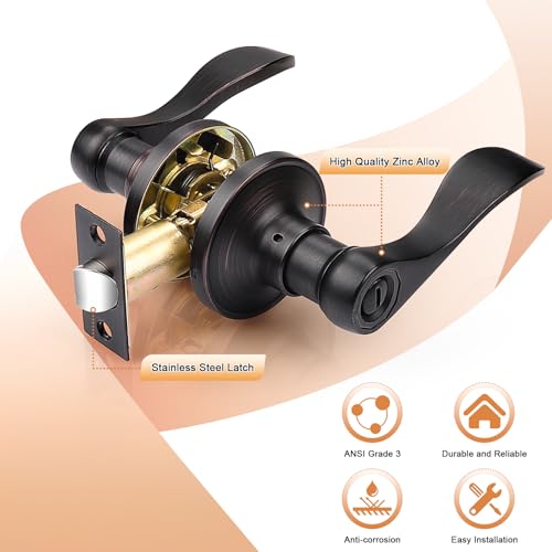 Probrico Wave Style Privacy Door Lever Oil Rubbed Bronze Bed and Bath Handle Interior Keyless Leverset Lockset, Left/Right Handed,1 Pack - Image 2