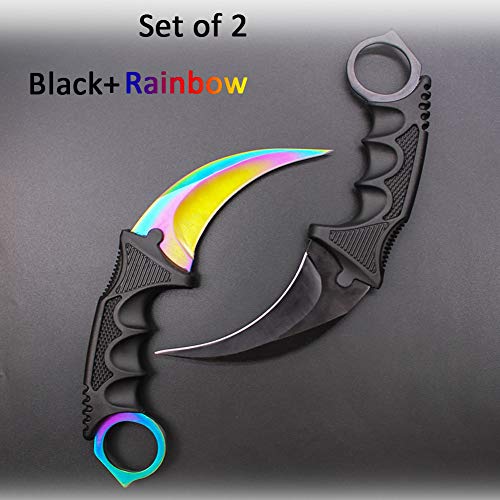 WeTop Karambit Knife, Set of 2, CS-GO for Hunting Camping Fishing Self Defenses and Field Survival, Stainless Steel Fixed Blade Tactical Knife with Sheath and Cord (Black+Rainbow).
