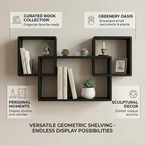 Image of Modern Geometric Floating Wall Shelf - Wall Mounted Decorative Display Shelves for Living Room, Bedroom & Office | Wooden Wall Shelf for Home Decor, Books, Plants & Showpieces (Black)