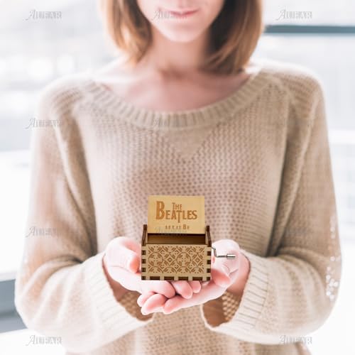 AUEAR, Let It Be Wooden Music Box Hand Crank Laser Engraved Vintage Musical Small Unique Gift for Birthday Wedding Christmas Valentines Day (Style E)