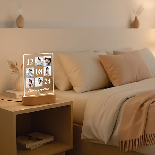 Image of Giftplease Customized Acrylic LED Photo Plaque with Wooden Base | Personalized Anniversary & Valentine's Day Gift | 6-Photo Collage Night Light with Special Date & Names | Warm Glow Home Decor