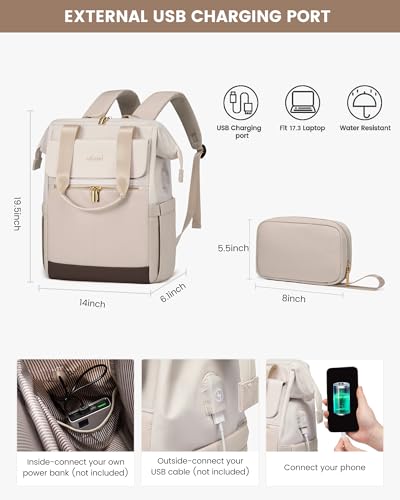 Image of LOVEVOOK 17.3 Inch Laptop Backpack for Women, Large Capacity Travel Backpack with Organizer Bag, Waterproof Carry on Backpack Purse Work Bag with USB Port for Teacher Nurse, Beige-Nude