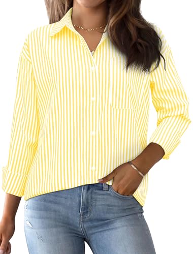 AISEW Camisas con botones para mujer, a rayas, clásicas, de manga larga, con cuello, para oficina, trabajo, blusas con bolsillo, rayas amarillas, Large