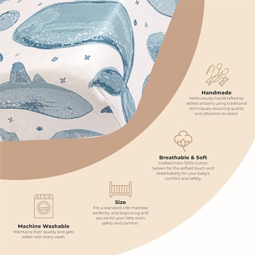 Image of Crane Baby Ocean Crib Sheet, 100% Cotton Fitted Sheet, 28 inch x 52 inch, Crib Sheets for Boys, Toddler Bed Sheets, Ocean Nursery Decor