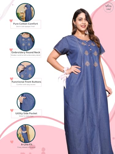 Image of 9shines Label Stylish Denim Cotton Nighty Maxi for Women | Full Length Trendy Nightgown | Premium Nightdress | Nightwear | Embroidery Nighty with Pocket (9SDS)