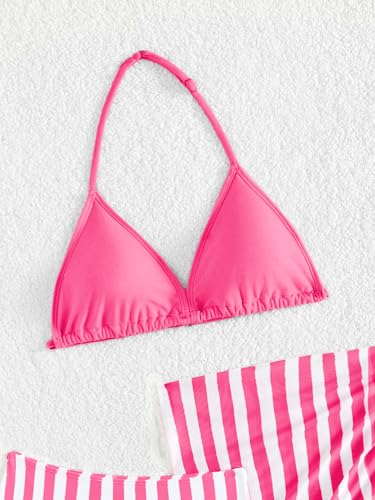 Girl's 3 Piece Striped Print Halter Bikini Set High Cut Triangle with Beach Cover Up Skirt Swimsuit Bathing Suit4