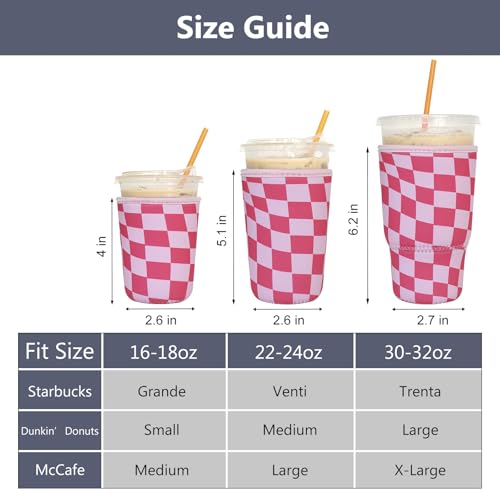 Image of 3 Pack Reusable Iced Coffee Sleeves - Xumbtvs Insulator Sleeve for Cold Beverages, Neoprene Coffee Cup Holder (Pink Chessboard)