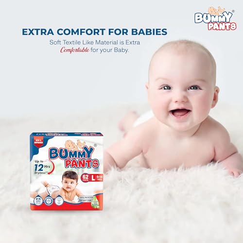 Image of BUMMY PANTS Baby Diapers - Soft & Comfortable with 5D Cross Core Technology, 360 Soft Elastic Waistband & Up to 12-Hour Absorption | L | Pack of 1 | 62 Pieces