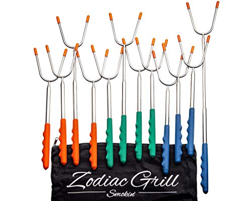 Marshmallow Roasting Sticks - Extendable, Telescopic Orange, Green, Blue Forks with Carrying Bag