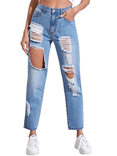SweatyRocks Women's Ripped Boyfriend Jeans Distressed Denim Ankle Length Jeans (X-Small, Light Blue-1)