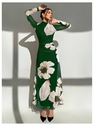 Image of Verdusa Women's Floral Wedding Guest Dress Long Sleeve Mesh Slimming Cocktail Vacation Maxi Dresses