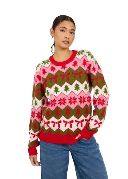 kraftd Jumpers for Women Long Sleeve Printed Winter Outwear Casual Classic Ladies Sweatshirt for Fall Spring Christmas Holiday Parties Fashion Tops for Womens (RED/Pink/Green XS)