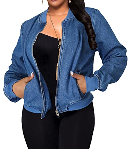 Senight Women's Denim Jacket For Bodycon Sexy Round Collar Long Sleeve Zipper Distressed Denim Blue Coat With Pockets #TOP14