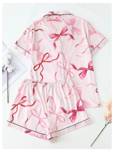 Image of Verdusa Women's 2 Piece Floral Bow Pajama Set Short Sleeve Button Down Shirt and Shorts Set