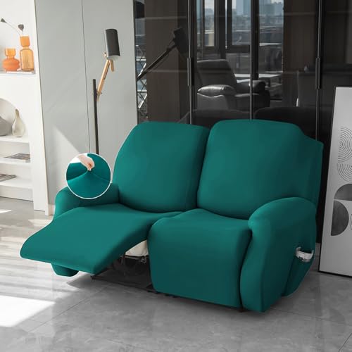 Image of HOKIPO 'SereneSolids' 140 GSM 6-Pieces Elastic Stretchable Recliner Sofa Cover 2 Seater Fully Covered Soft Washable Sofa Slipcovers Furniture Protector, Teal (NEW2-4741-TEAL)