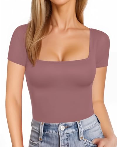Image of MANGOPOP Womens Square Neck T Shirts Long Sleeve Short Sleeve Tops Fitted Tees