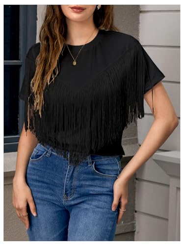 Verdusa Women's Short Sleeve Fringe Tops Tassel Trim Cowgirl Shirts Western Outfits4