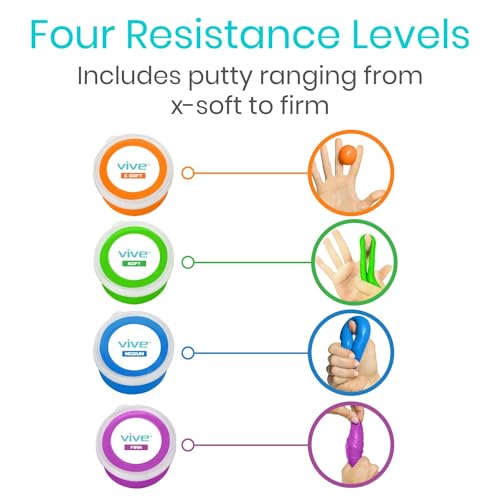 Vive Exercise Putty (4-Pack) - Therapeutic, Occupational and Therapy Tool - Thinking and Stress - Finger, Hand Grip Strength Exercises - Extra Soft, Soft, Medium, Firm Sensory Kit - Squeezable Ball - Image 4
