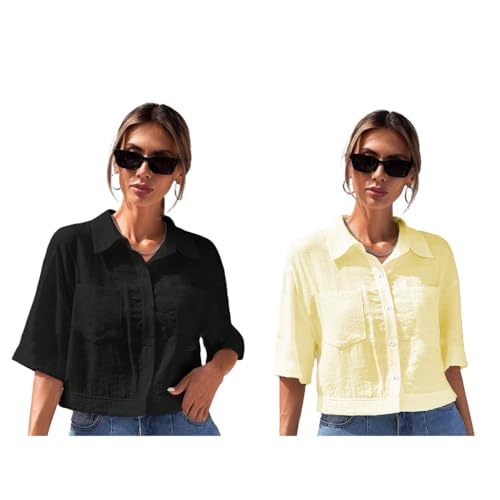 Image of TOPLOT V-Collar Solid Crop Shirt for Women with Half Sleeves, Polyester, Regular Fit