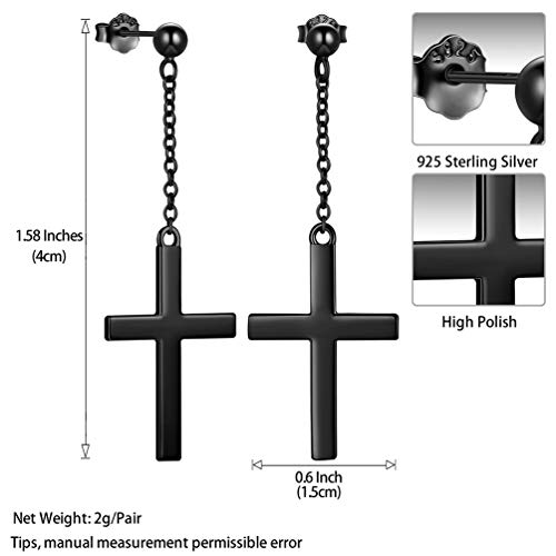 Mens Cross Earrings Black Gun Plated Over 925 Sterling Silver Cross Dangle Earrings For Mens Womens Boys Hip Hop Gothic Earrings Protection Religious Jewelry Gift For Birthday Anniversary Fe0104K #TOP6