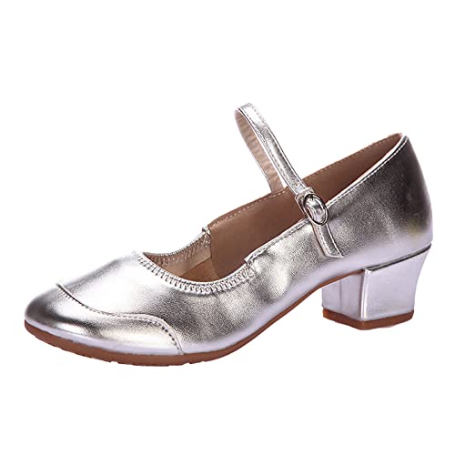 Generisch 2026 Hebilla de Color Sólido para Mujer Suela Continua Goma Tacón Bajo Tacón Grueso Zapatos de Baile Sandalias Zapatos Mujer 39 42, plata, 40 EU