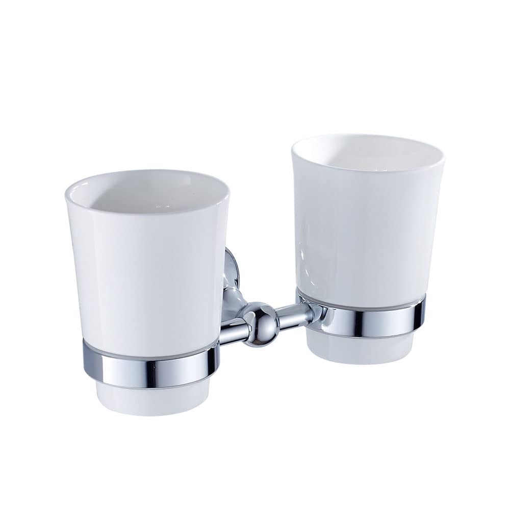 Bathroom Toothbrush Holder, Double Wall Mounted with 2 Ceramic Cup, Toothpaste Organizer Storage for Bath, Brass Mouthwash, Silver