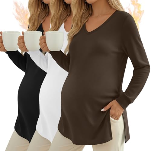 Huukeay 3 Pack Women's Thermal Maternity Shirts Long Sleeve Fleece Lined Pregnancy Tops Split Side V Neck Maternity Clothes