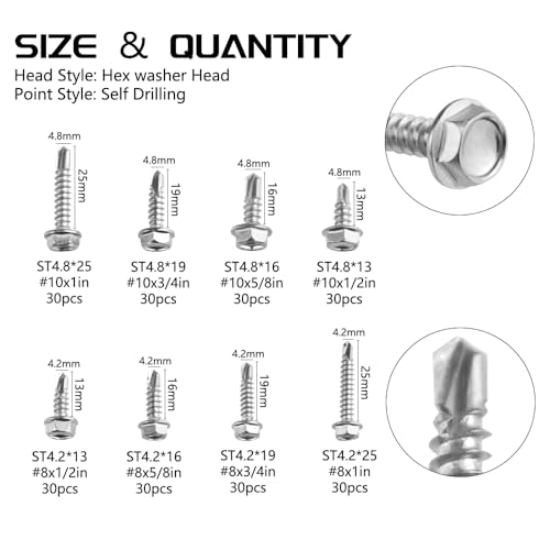 Kit de 240 tornillos autorroscantes Hex Washer acero inox miniatura 2