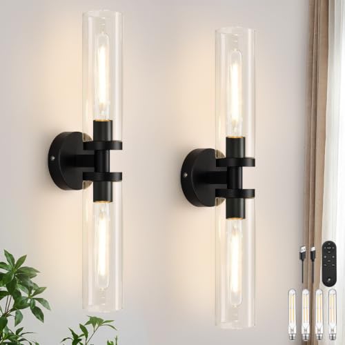 Image of Battery Operated Wall Sconces Set of Two, Matte Black Wall Light fixtures with Wireless Remote Control，Rechargeable Dimmable Wall Sconces with 3000K Bulbs for Bathroom Mirror Living Room Bedroom