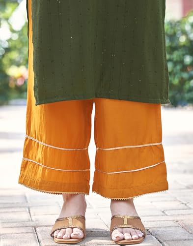 Image of SKYLEE Women's Printed & Gota Lace Cotton Silk Anarkali Kurta Set with Dupatta