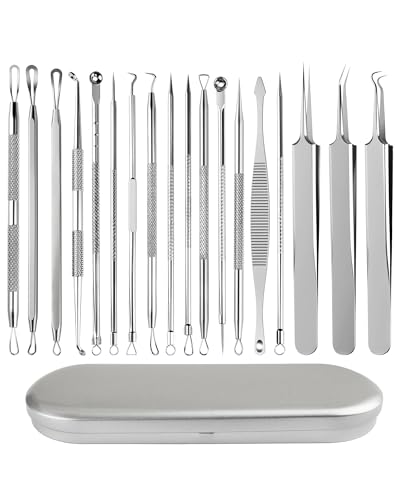 lulir Kit de Eliminación de Puntos Negros, Herramientas de Acero Inoxidable con Exprimidor de Comedones y Pinzas para el Acné, Incluye Estuche Portátil (18 piezas)