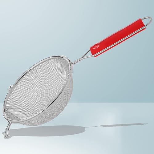 Image of Unify 1 Pieces Stainless Steel Soup & Juice Strainer /Liquid Filter for Kitchen Use, Large Soup Chalni with Red Handle, Rice & Juice Use (Size-6, Dia-16cm, Set of 1, Silver)
