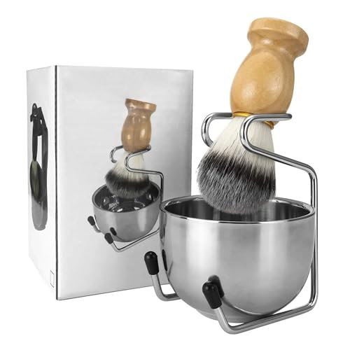 Shaving Set for Men contains Shaving Brush, Shaving Stand & Shaving Bowl for Salon, Barber, Home and Travelling- Shaving Kit Gift for Him, Husband, Boyfriend, Father (Wooden)