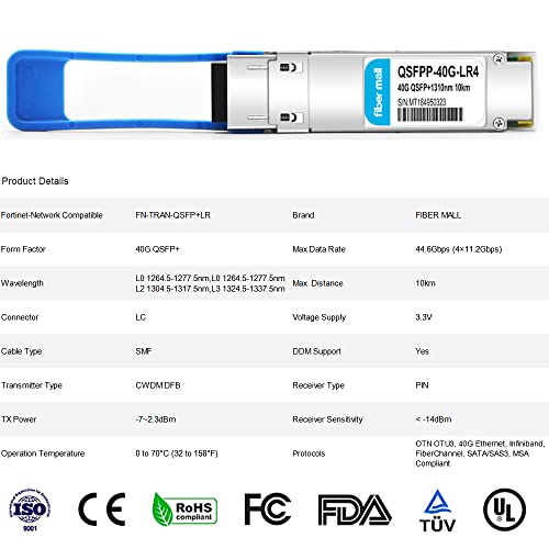 Image of Fiber Mall 40G QSFP+ LR4 for Fortine FN-TRAN-QSFP+LR 40GBASE-LR4 QSFP+ 1310nm CWDM4 10km LC DOM Optical Transceiver Module