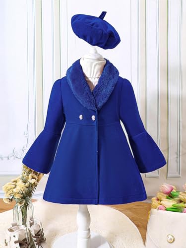 Toddler Kids Girls Wool Blend Pea Coat Winter Trench Jacket Outwear with Beret Hat2