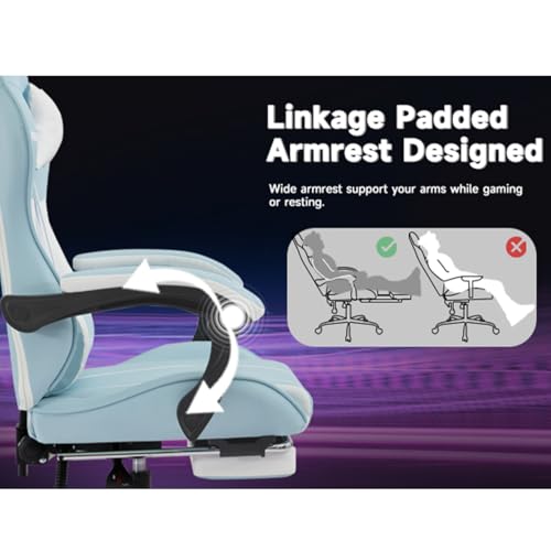 Image of Gaming Desk Chair for Adults, Ergonomic Gaming Chair with Footrest & Headrest and Lumbar Support, Leather Material Height Adjustable Computer Video Game Chairs (Blue+White)