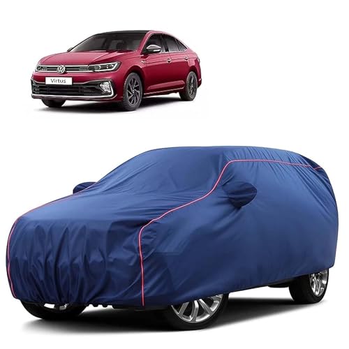 Image of Sulfar 100% Water Resistant Car Body Cover Compatible with Mirror for Volkswagen Virtus (Triple Stitched, Full Bottom Elastic, Blue Tafetta with Red Piping)