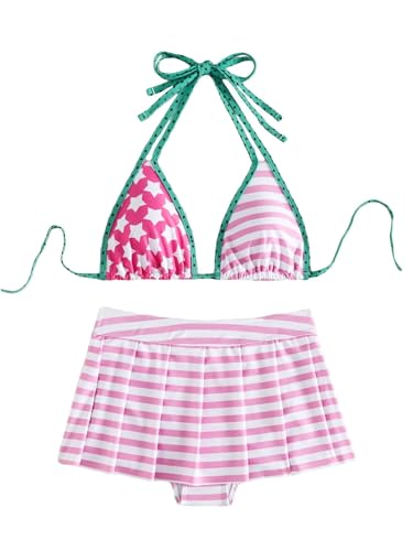 Women's Striped Printed Bathing Suit Star Halter Swimsuit Bikini Set Skirt