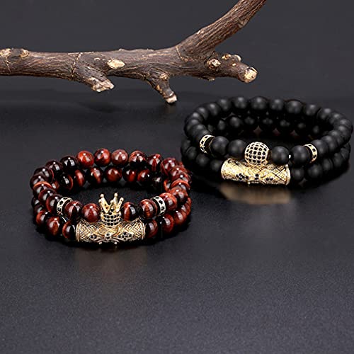 SAMOCO 4 Pcs 8mm Crown King Bracelets for Men Women Tiger Eye Black Matte Onyx Cool Natural Stone Beads Bracelets Set2