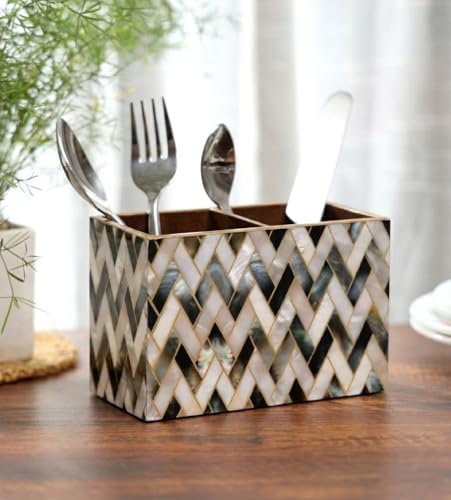 Image of DULI Engineered Wood Multipurpose Stand, Cutlery Holder, Spoon Stand, Table Organizer With 2 Sections, Chammach Stand (10Cm X 15Cm, Mcdpsdbl- Mopzigzag), Outside