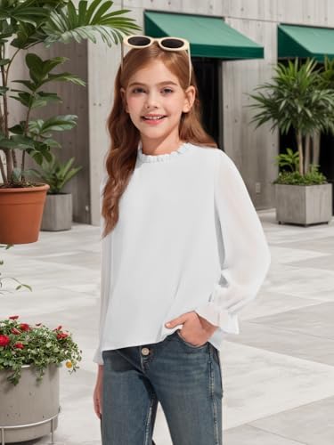 Haloumoning Girls Long Sleeve Shirts Chiffon Blouses Kids Cute Puff Sleeve Ruffle Mock Neck Casual Tops 5-14 Years2