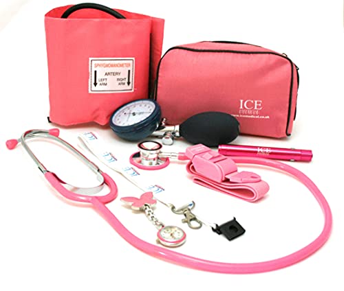 ICE Medical - Kit médico con tensiómetro, monitor de presión sanguínea manual, estetoscopio, bolígrafo con luz, torniquete, reloj de enfermera con mariposa, cordón con soporte para tarjeta de identificación