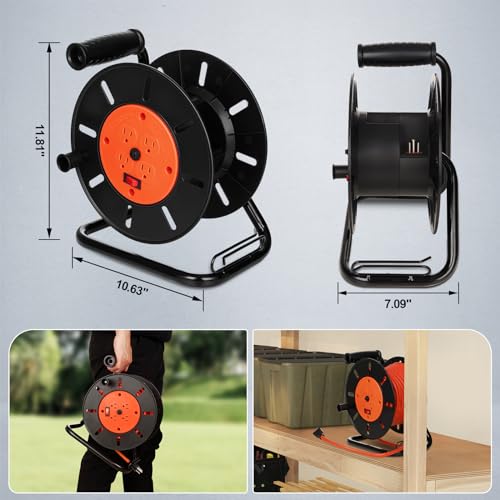 Image of SURAIELEC Extension Cord Storage Reel, 15 AMP Overload Switch, 4 Outlets, Holds 100 ft 16 /3, 14 /3 or 75ft 12 /3 Cord, Hand Crank Electric Empty Power Cord Spool, (3, Black)