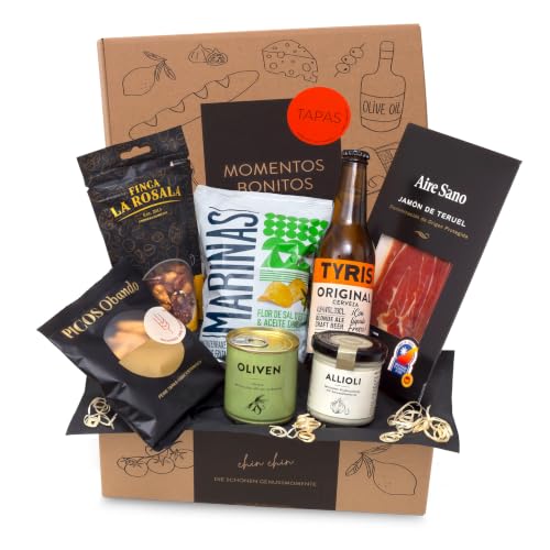 jamon.de Präsentkorb TAPAS I gefüllter Geschenkkorb mit Craft-Bier, Serrano-Schinken & leckeren Spezialitäten aus Spanien I Geburtstags-Geschenk & Dankeschön für Männer & Frauen