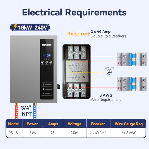 Image of 18kW Tankless Water Heater Electric, NOVIEEX 240V 3s Instant Hot Water Heater, Flow Rate Max 4.9 GPM, Supply for 2-3 Points, Indoor Installation, Ideal for Apartment, Garage, Salon, Bathroom, Kitchen