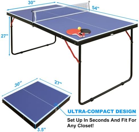 Mid-Size Table Tennis Table, Foldable Ping Pong Table Set with Net and 2 Ping Pong Paddles for Indoor & Outdoor, Portable Table Tennis Table for Adults, Teens