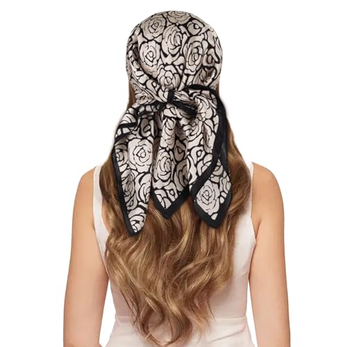 EXTREE 100% Pure Mulberry Silk Scarf Fashion Hair for Women Scarf Lightweight Square Neckerchief 27.5× 27.5 inches Black and White Rose