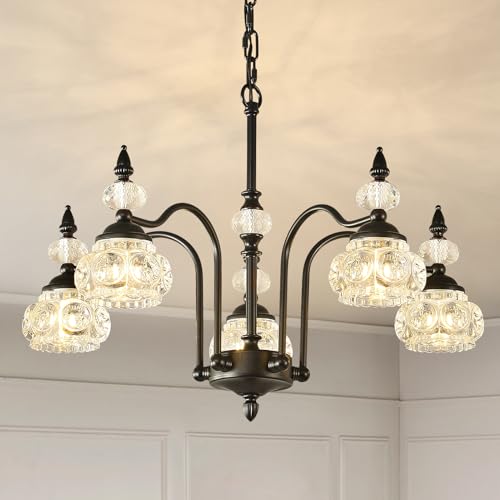 TESTOYS Vintage Crystal Pendant Light Fixture 24-Inch, 5-Light Victorian Black